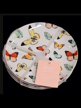 Set of four (4) Elum Home Porcelain Butterfly Plates, 7 1/2” NEW